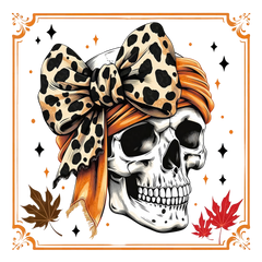 Leopard Bandana Skull with Autumn Leaves – Halloween Ready to Press DTF Transfer