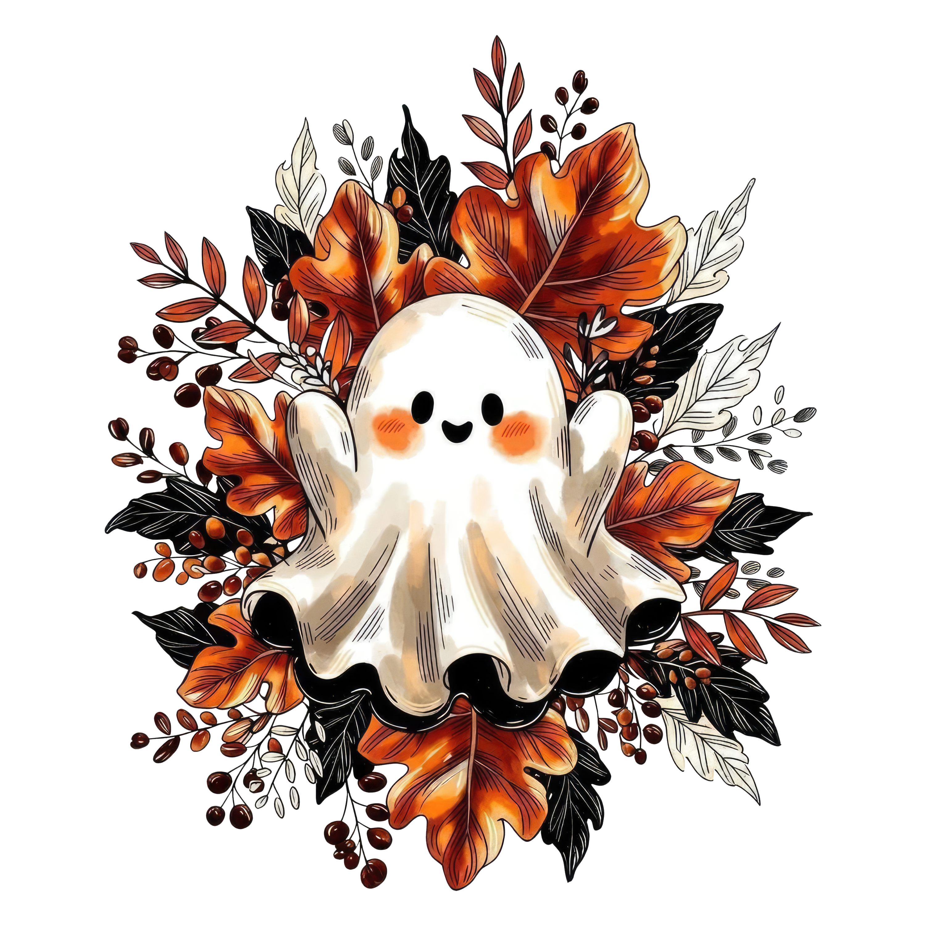 Cute Ghost with Autumn Leaves Wreath – Halloween Ready to Press DTF Transfer