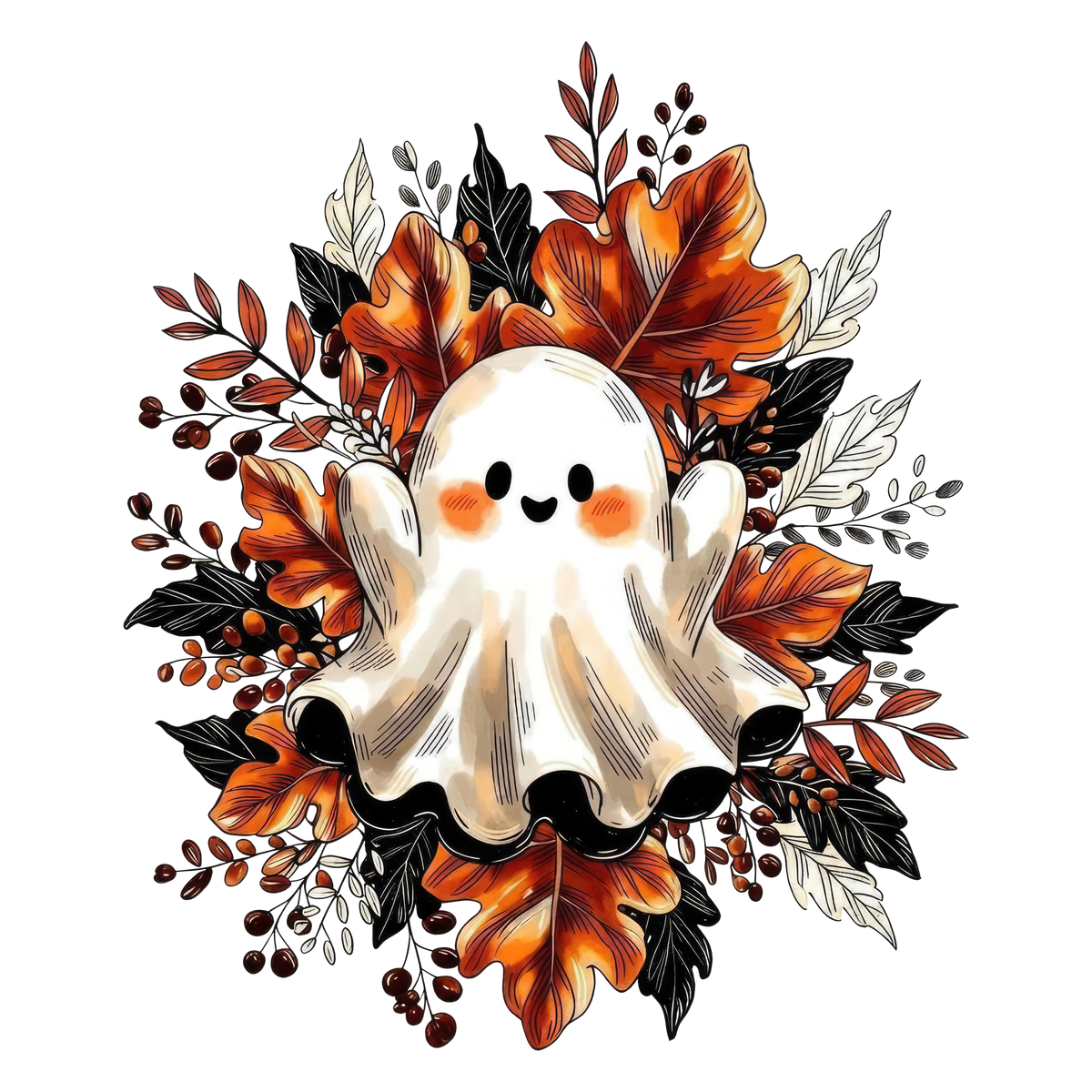 Cute Ghost with Autumn Leaves Wreath – Halloween Ready to Press DTF Transfer