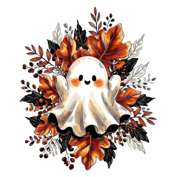 Cute Ghost with Autumn Leaves Wreath – Halloween Ready to Press DTF Transfer