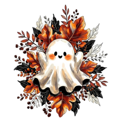 Cute Ghost with Autumn Leaves Wreath – Halloween Ready to Press DTF Transfer