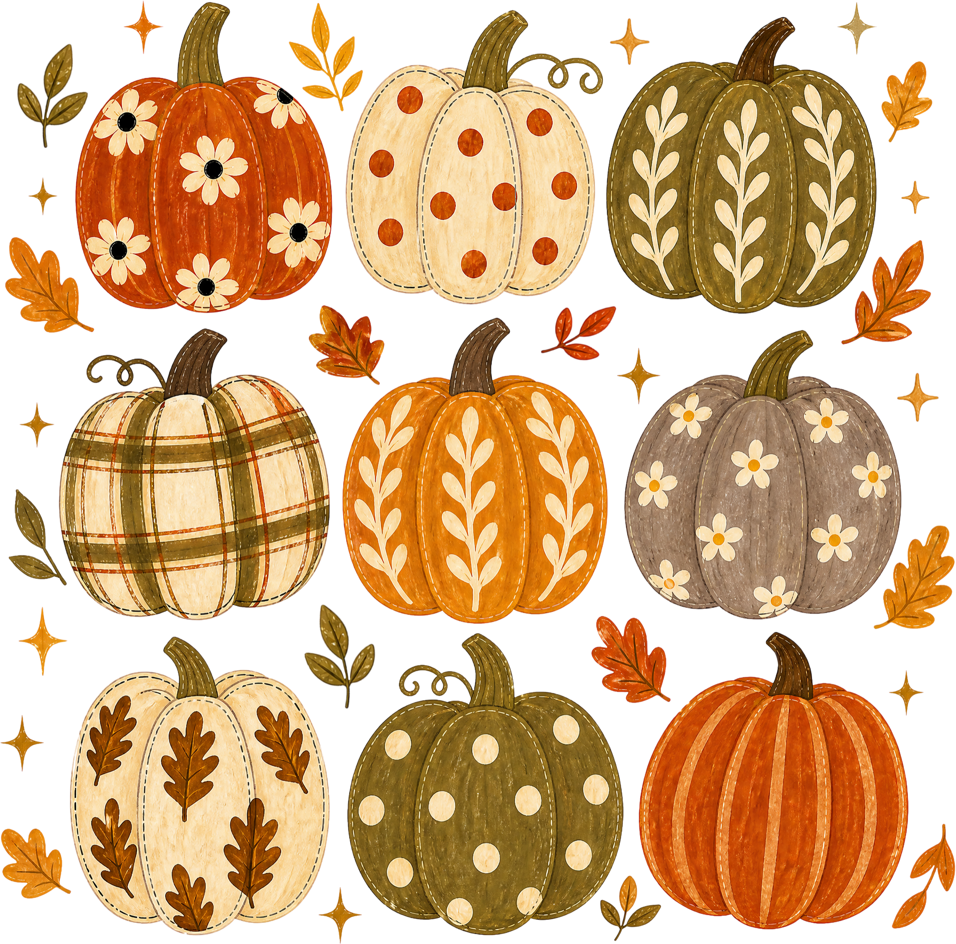 9 Patterned Fall Pumpkins Grid – Fall Ready to Press DTF Transfer
