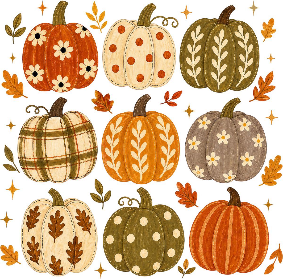 9 Patterned Fall Pumpkins Grid – Fall Ready to Press DTF Transfer