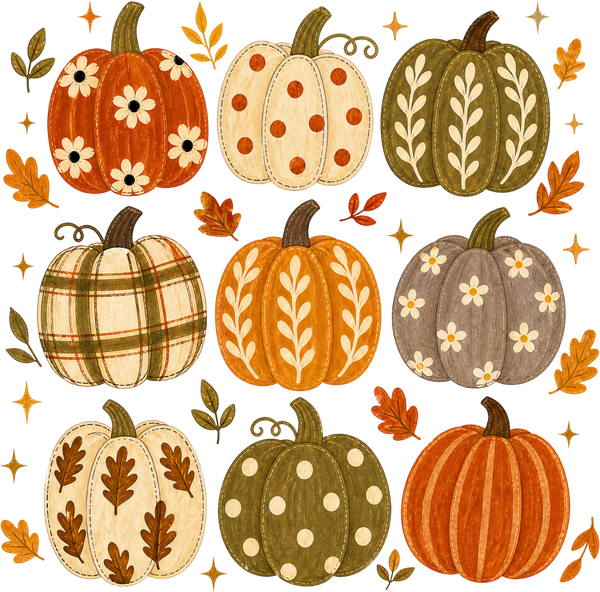 9 Patterned Fall Pumpkins Grid – Fall Ready to Press DTF Transfer