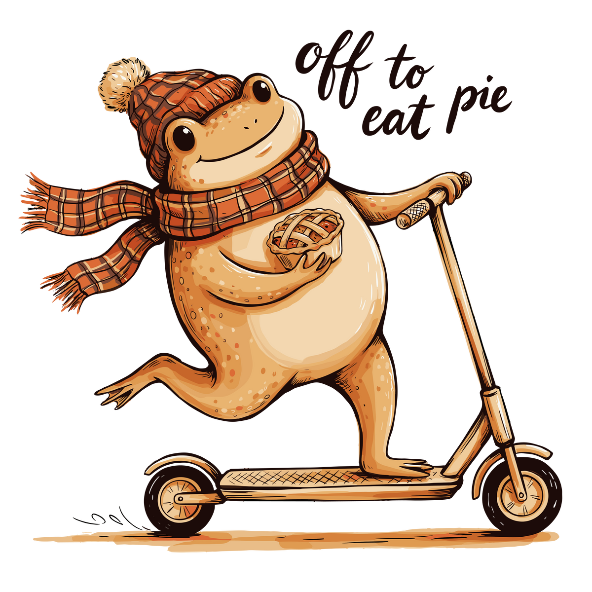 Off To Eat Pie Frog On Scooter – Thanksgiving Ready to Press DTF Transfer
