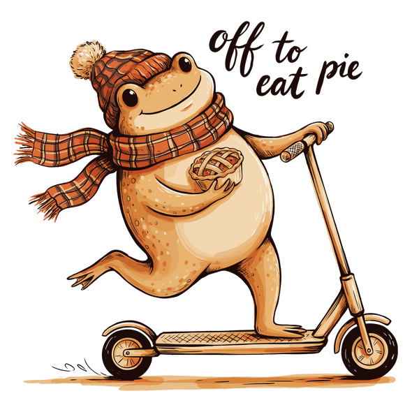 Off To Eat Pie Frog On Scooter – Thanksgiving Ready to Press DTF Transfer