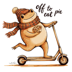 Off To Eat Pie Frog On Scooter – Thanksgiving Ready to Press DTF Transfer