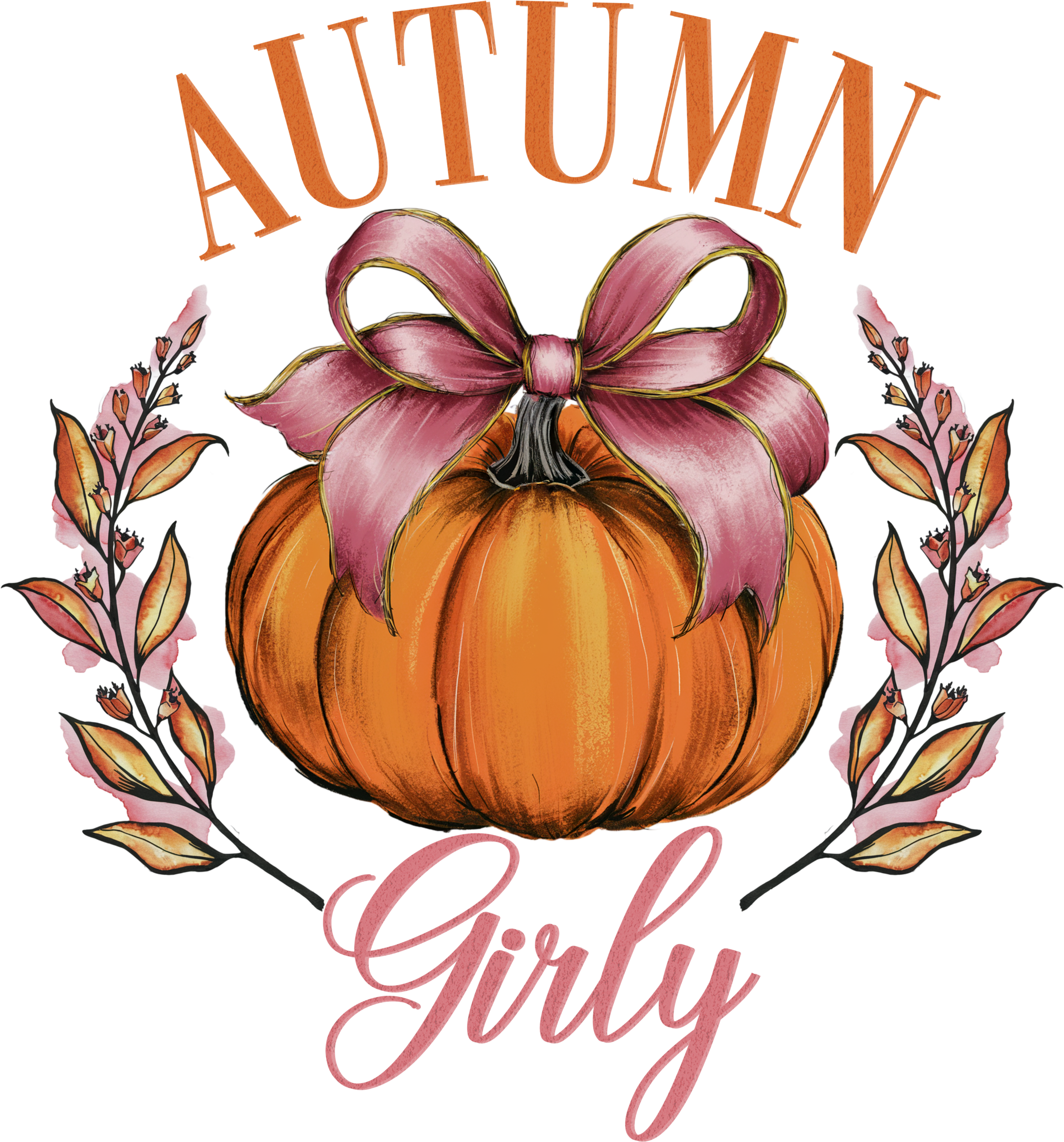 Autumn Girly Pumpkin with Pink Bow - Ready to Press DTF Transfer