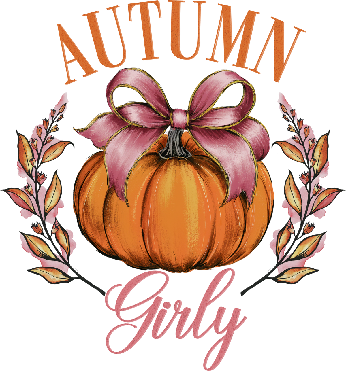 Autumn Girly Pumpkin with Pink Bow - Ready to Press DTF Transfer