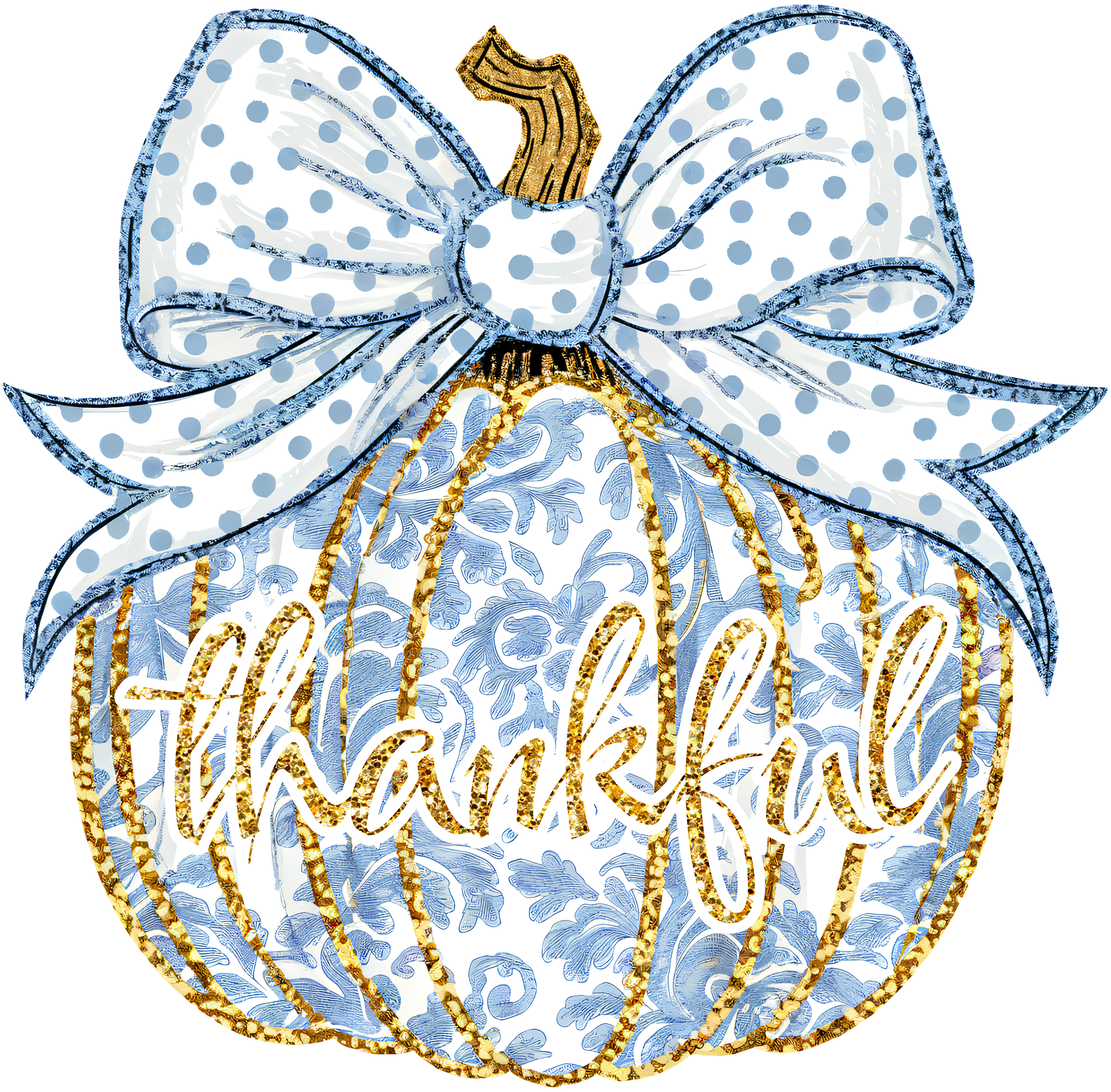 Blue Chinoiserie Pumpkin – Thankful Bow Fall Ready to Press DTF Transfer