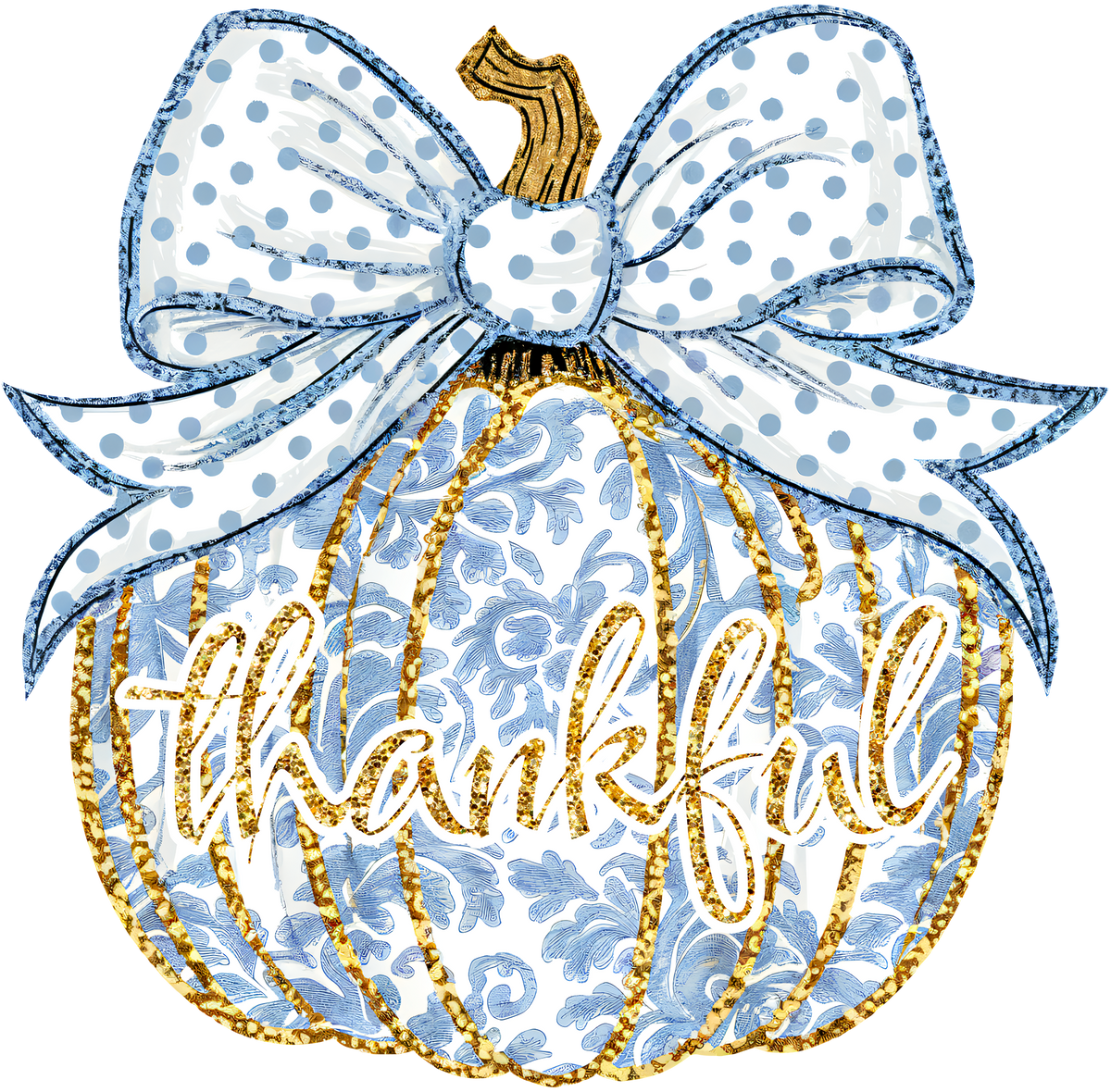 Blue Chinoiserie Pumpkin – Thankful Bow Fall Ready to Press DTF Transfer