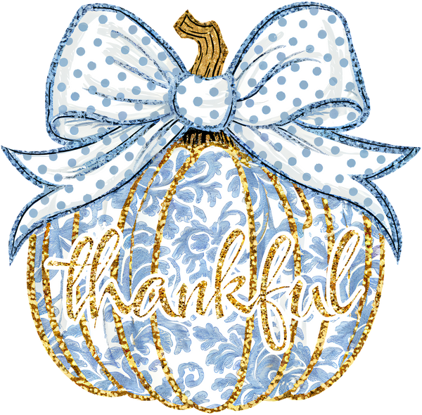 Blue Chinoiserie Pumpkin – Thankful Bow Fall Ready to Press DTF Transfer