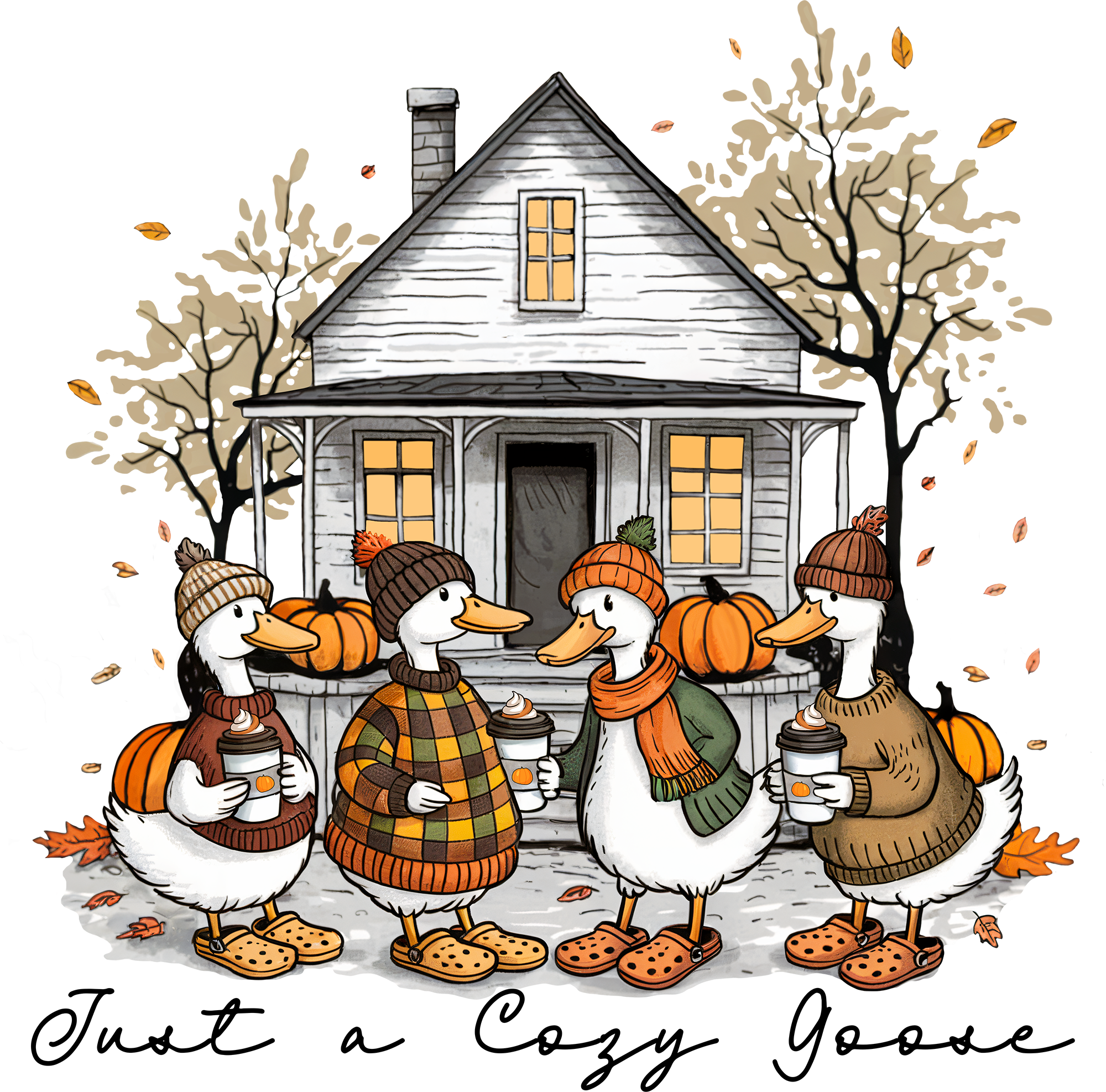 Cozy Fall Goose – Autumn Ducks with Coffee Ready to Press DTF Transfer