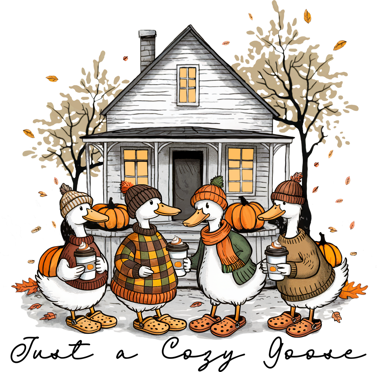 Cozy Fall Goose – Autumn Ducks with Coffee Ready to Press DTF Transfer