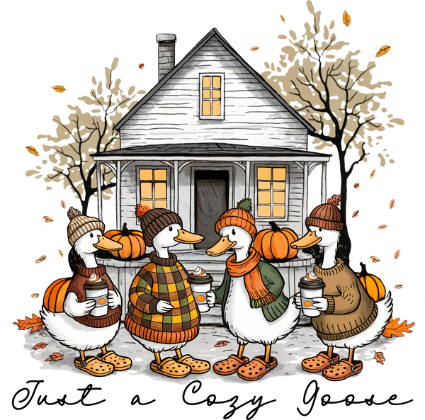 Cozy Fall Goose – Autumn Ducks with Coffee Ready to Press DTF Transfer