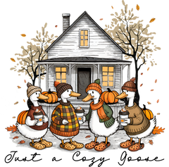 Cozy Fall Goose – Autumn Ducks with Coffee Ready to Press DTF Transfer