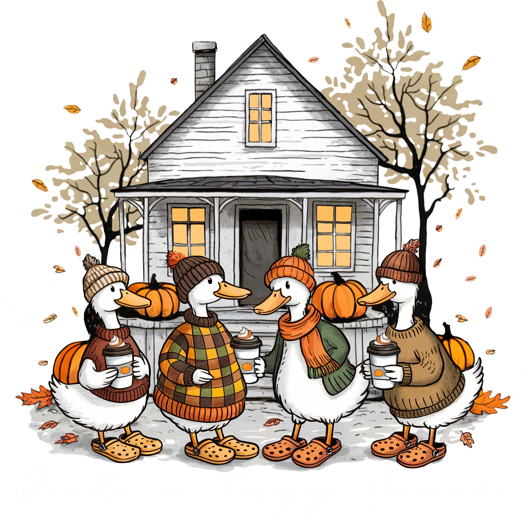Cozy Fall Goose – Autumn Ducks with Coffee Ready to Press DTF Transfer