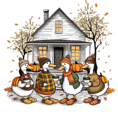 Cozy Fall Goose – Autumn Ducks with Coffee Ready to Press DTF Transfer