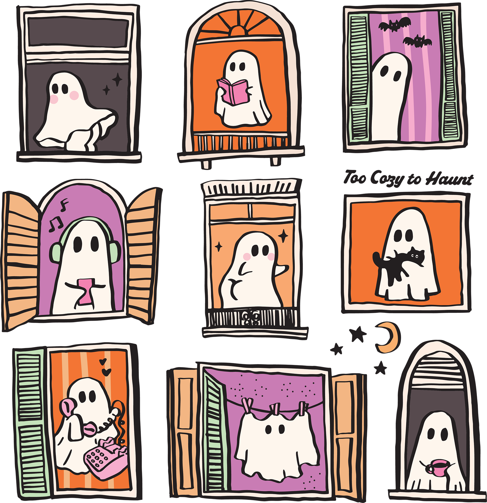 Too Cozy to Haunt – Cozy Ghost Window Ready to Press DTF Transfer