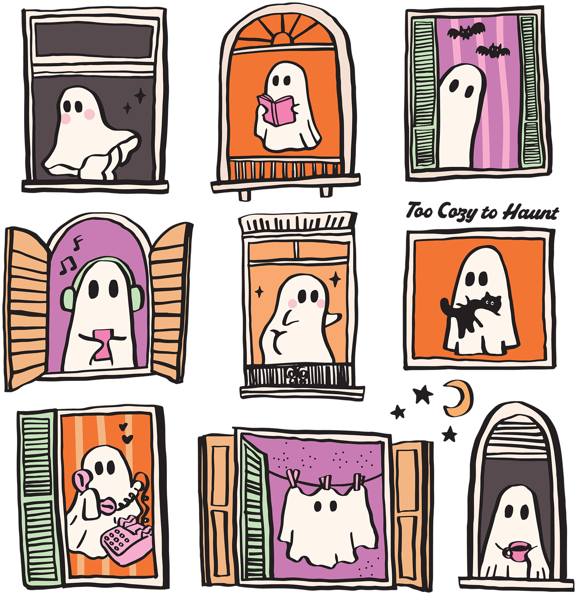 Too Cozy to Haunt – Cozy Ghost Window Ready to Press DTF Transfer