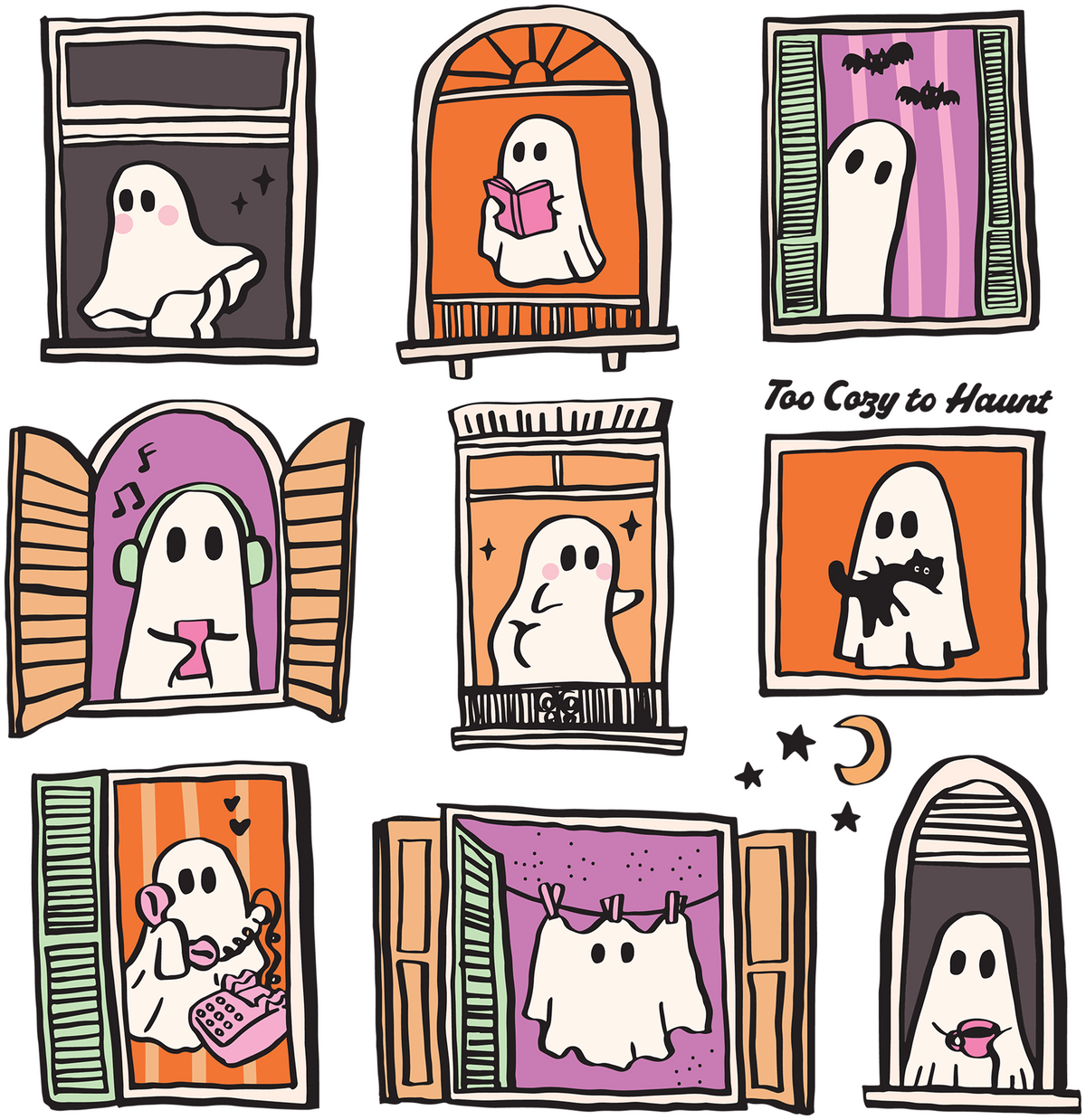 Too Cozy to Haunt – Cozy Ghost Window Ready to Press DTF Transfer