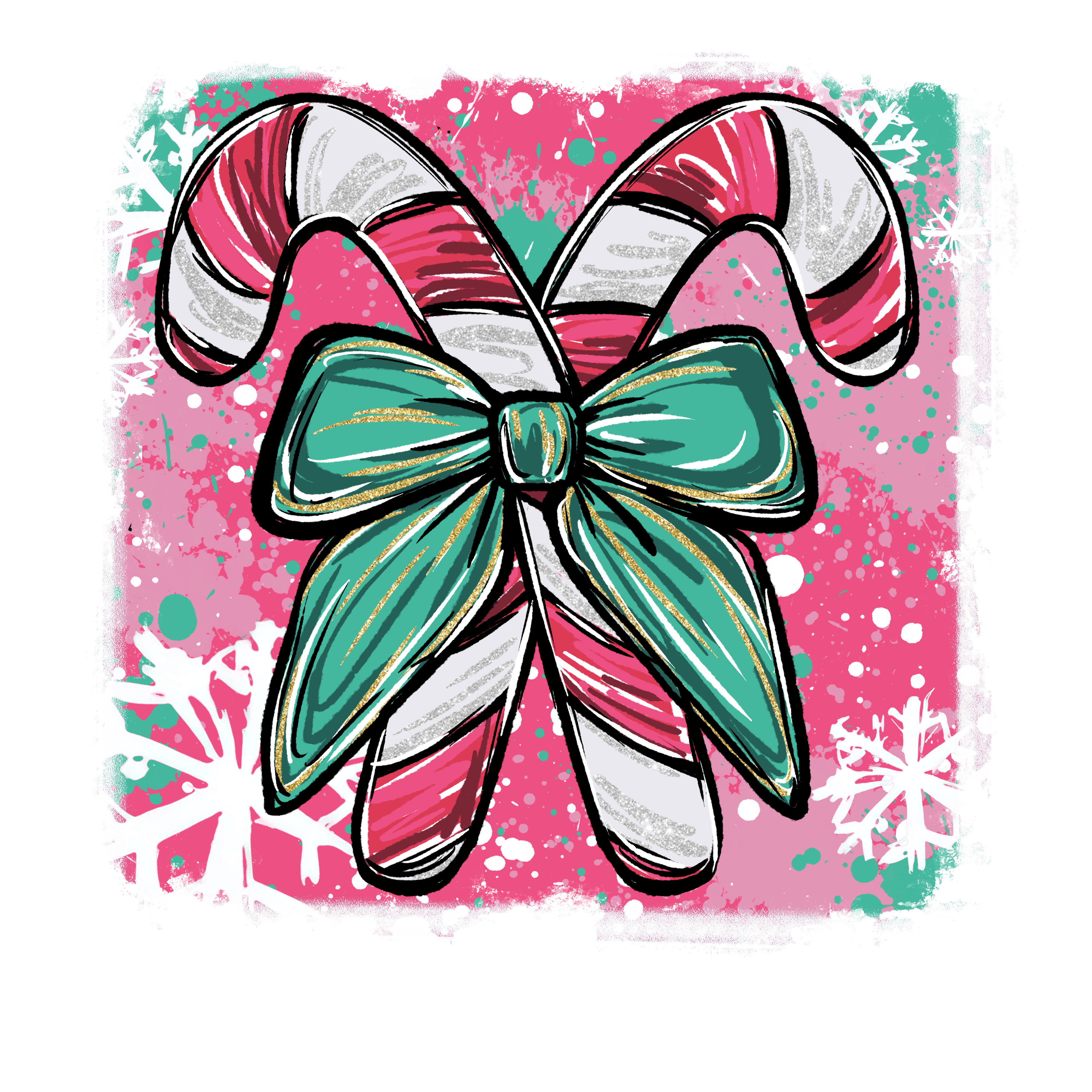 Candy Cane with Teal Bow - Ready to Press DTF Transfer