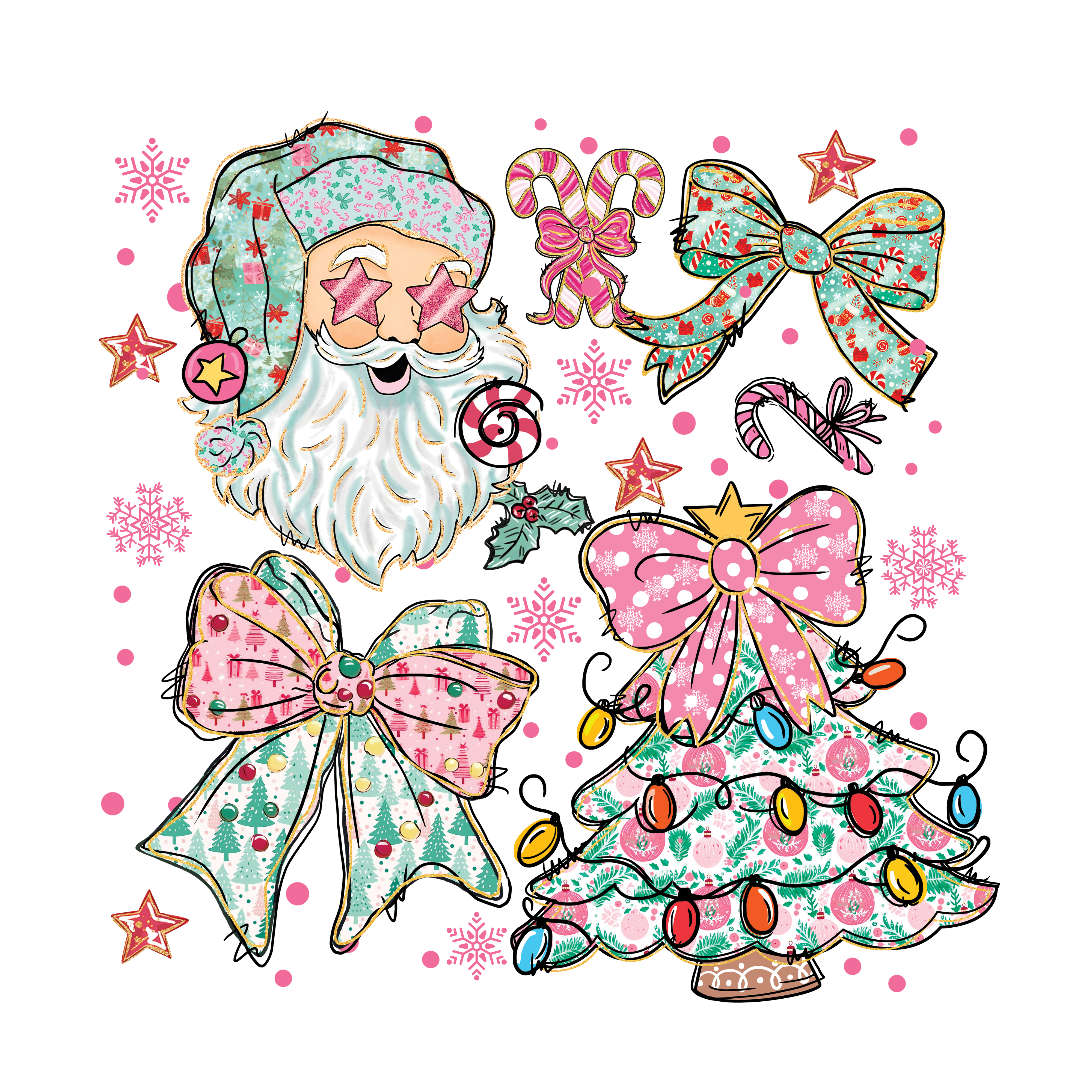 Cute Santa, Bows & Candy Cane -  Christmas Ready to Press DTF Transfer