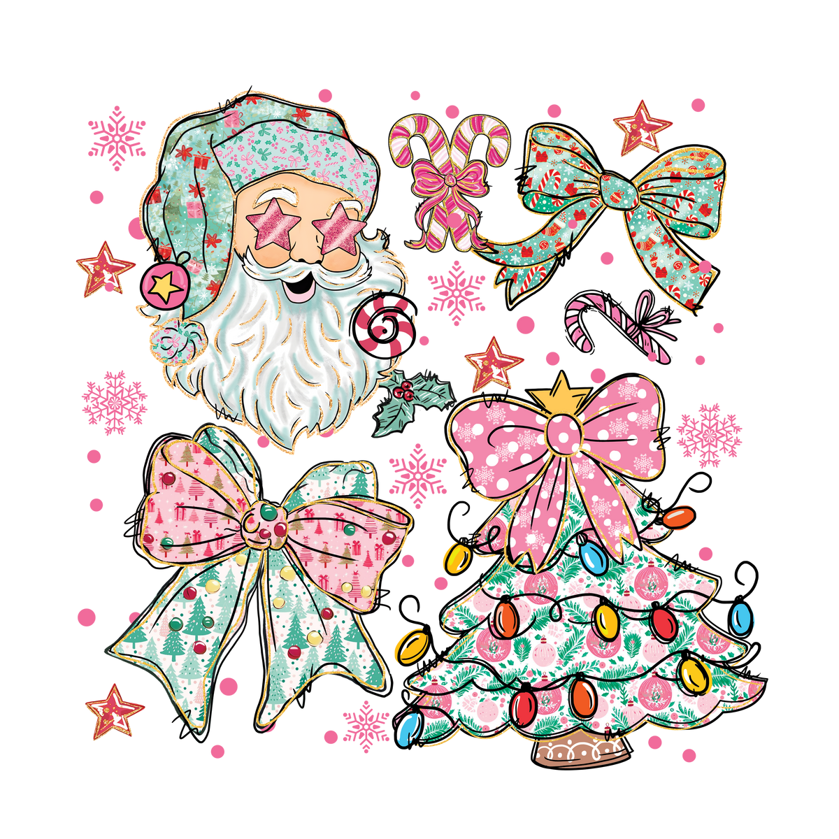 Cute Santa, Bows & Candy Cane -  Christmas Ready to Press DTF Transfer