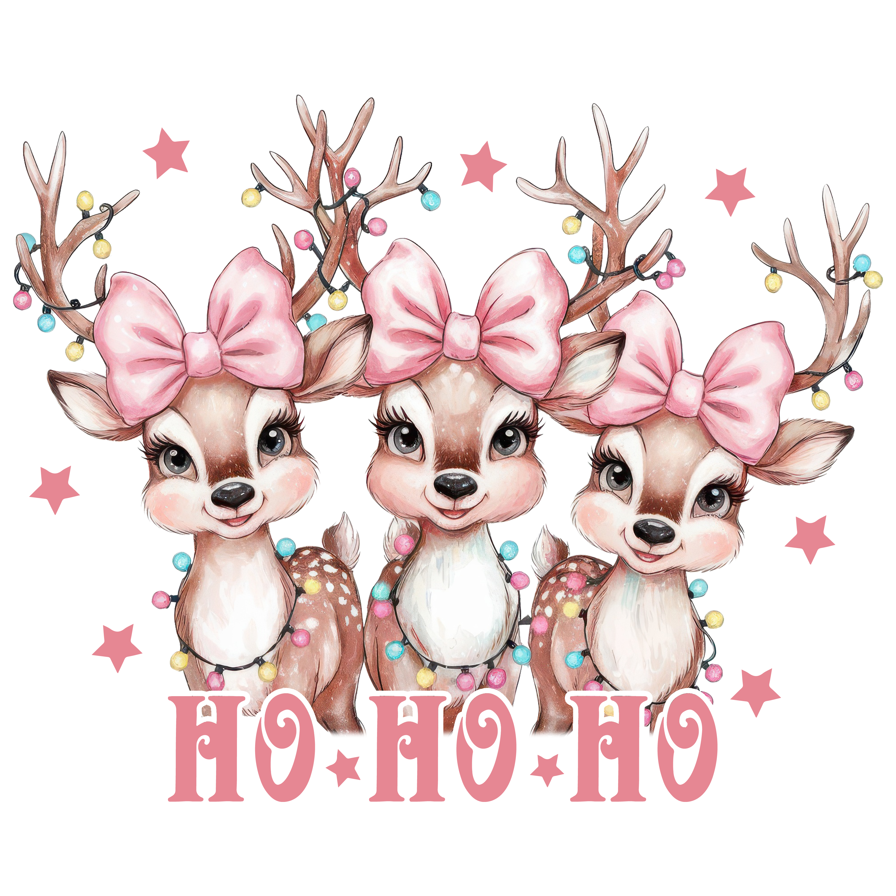 Pink Bow Reindeer Ho Ho Ho - Christmas Ready to Press DTF Transfer