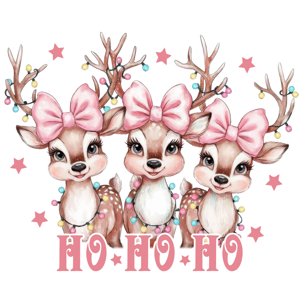 Pink Bow Reindeer Ho Ho Ho - Christmas Ready to Press DTF Transfer