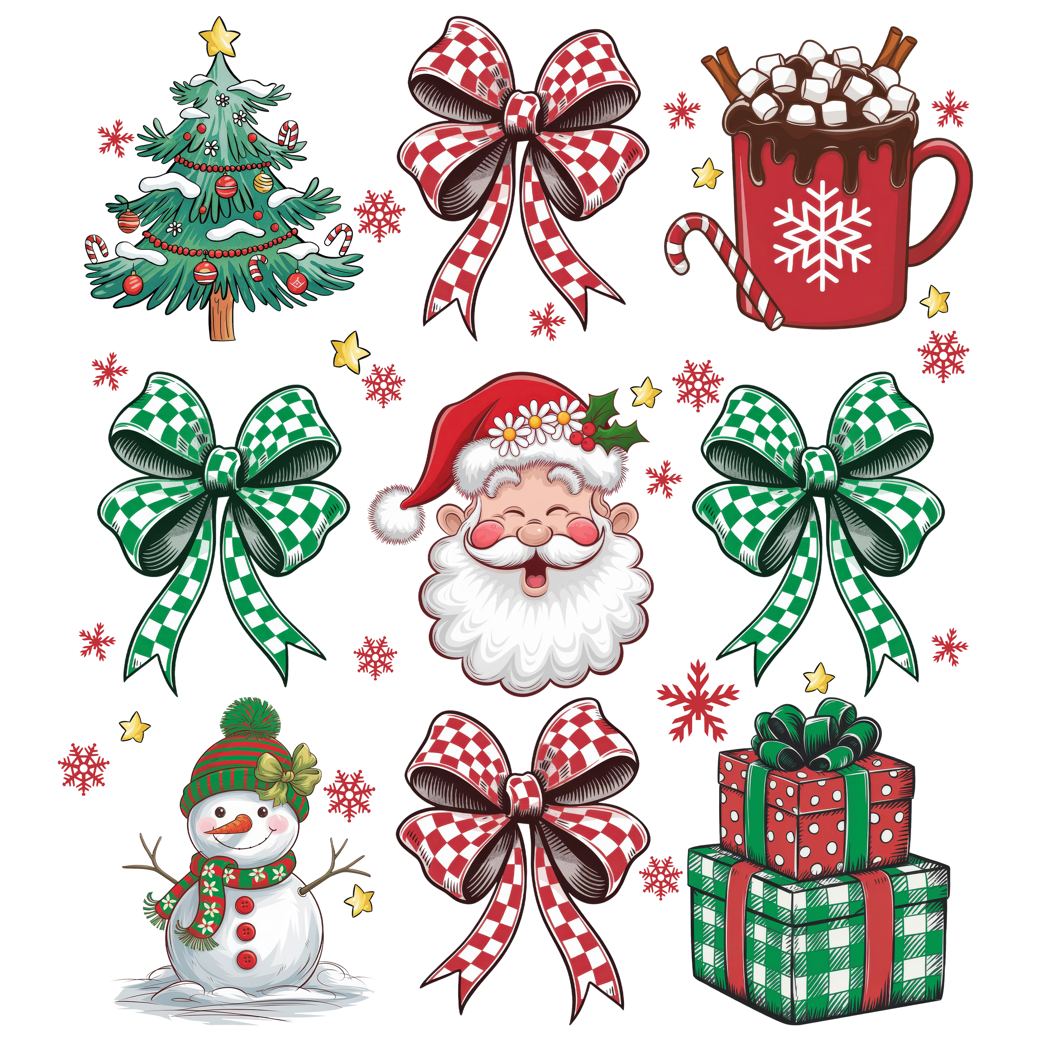 Santa, Tree, Snowman & Checkered Bow - Christmas Ready to Press DTF Transfer