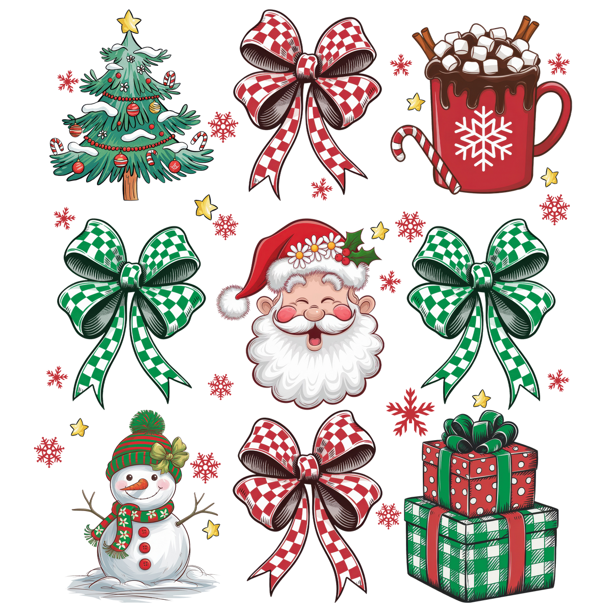 Santa, Tree, Snowman & Checkered Bow - Christmas Ready to Press DTF Transfer
