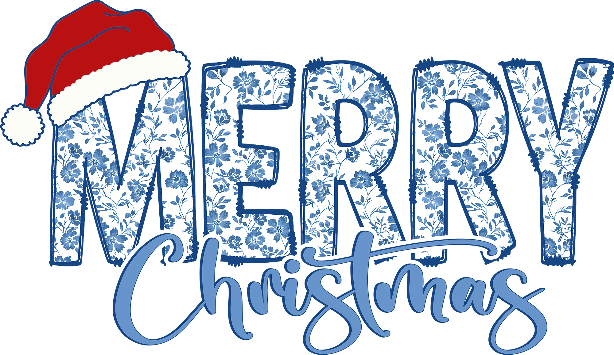 Merry Christmas Chinoiserie Blue - Christmas Ready to Press DTF Transfer