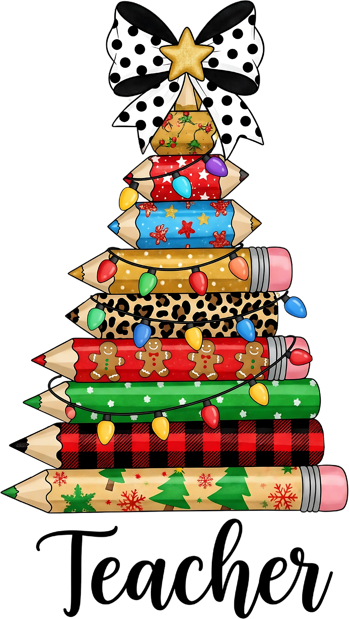 Pencil Christmas Tree Teacher - Christmas Ready to Press DTF Transfer