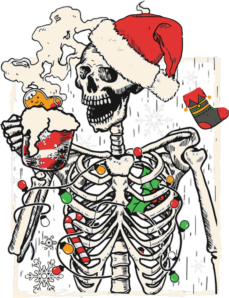 Christmas Skeleton With Smiling Skull Drinking Coffee Latte - Christmas Ready to Press DTF Transfer
