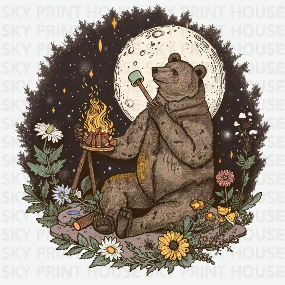 Bear Campfire Marshmallow Camping Ready to Press DTF Transfer