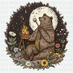 Bear Campfire Marshmallow Camping Ready to Press DTF Transfer