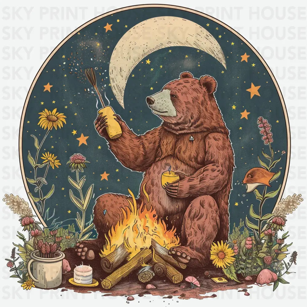 Bear Campfire Marshmallow Camping Ready to Press DTF Transfer