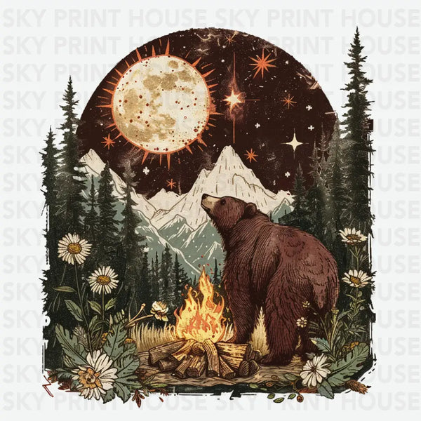 Bear Campfire Moonlight- Camping Ready to Press DTF Transfer