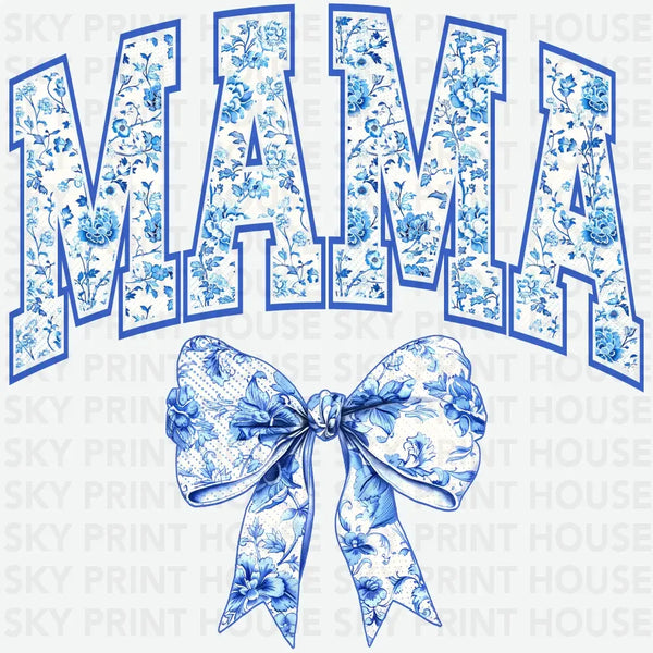 Blue Chinoiserie Floral Ribbon Mama - Mother's Day Ready to Press DTF Transfer