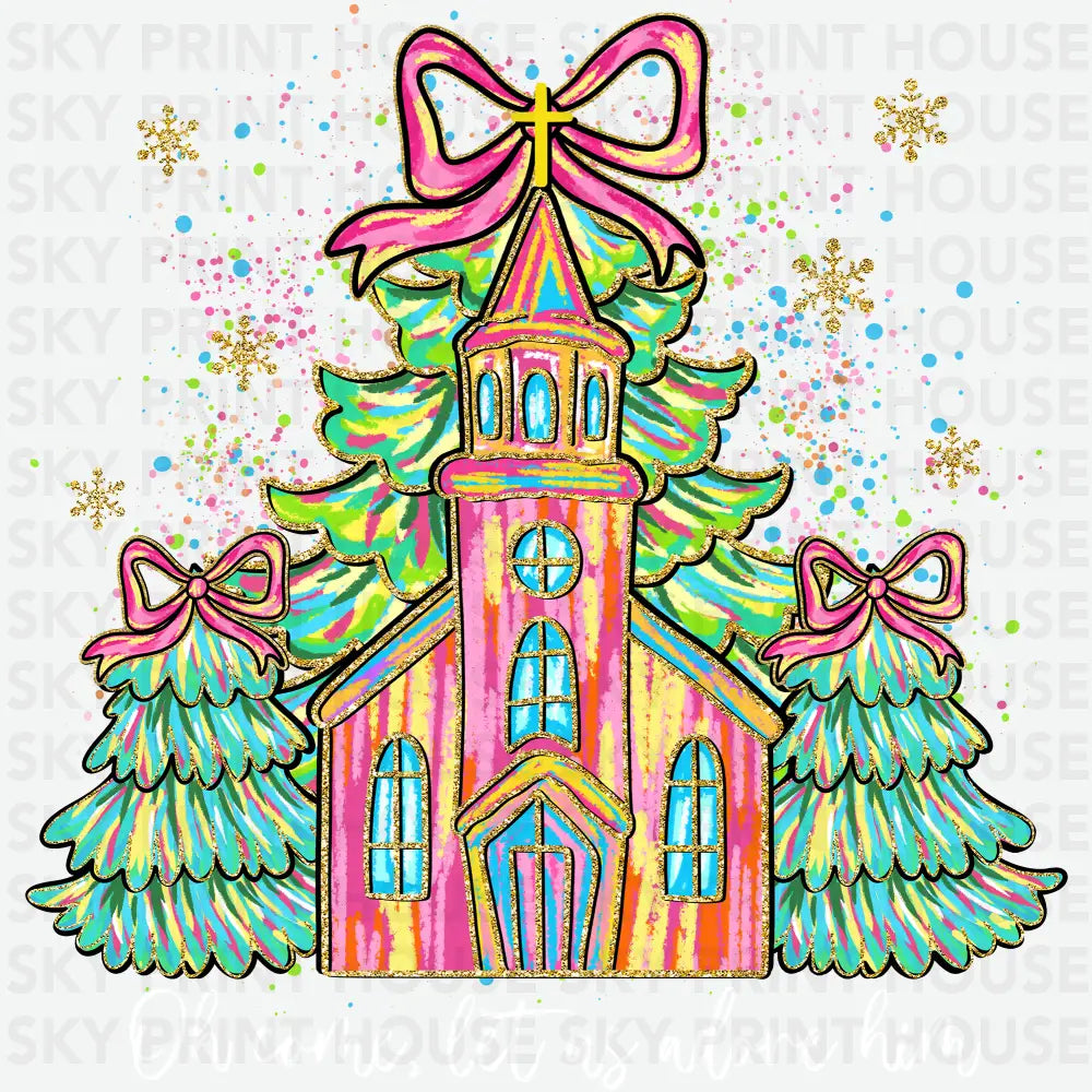 Christmas Church with Bows – Girly Faith Holiday Ready to Press DTF Transfer