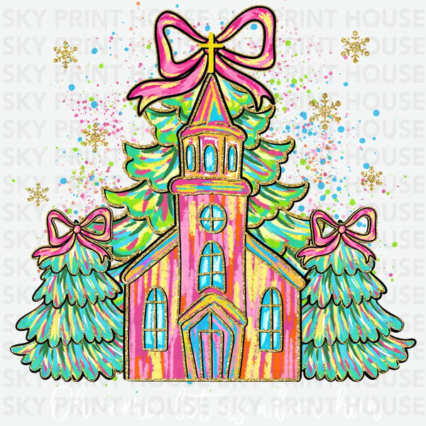 Christmas Church with Bows – Girly Faith Holiday Ready to Press DTF Transfer