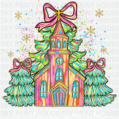 Christmas Church with Bows – Girly Faith Holiday Ready to Press DTF Transfer