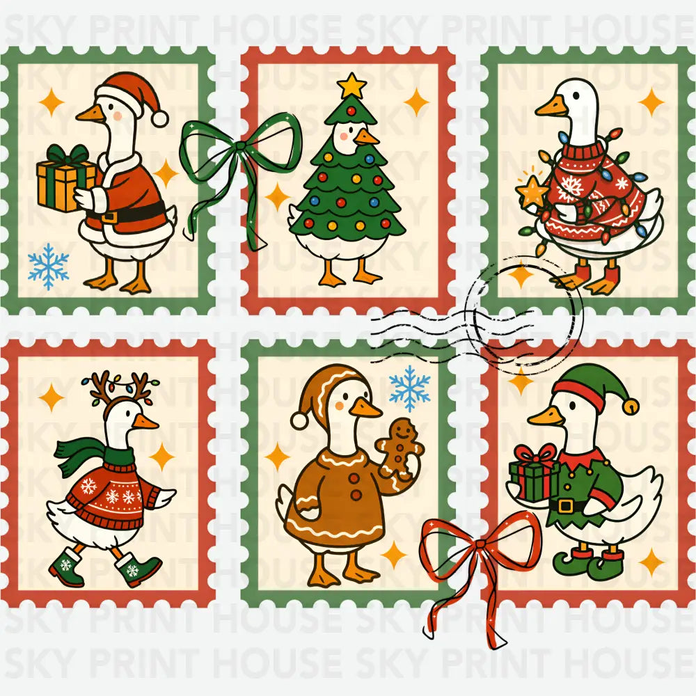 Christmas Goose Postage Stamps – Cute Holiday Clipart Ready to Press DTF Transfer