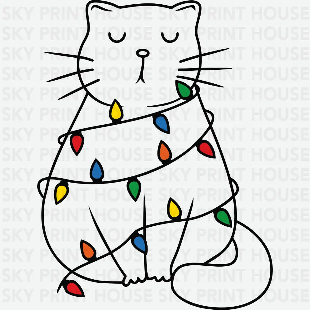 Christmas Lights Cat- Christmas Ready to Press DTF Transfer