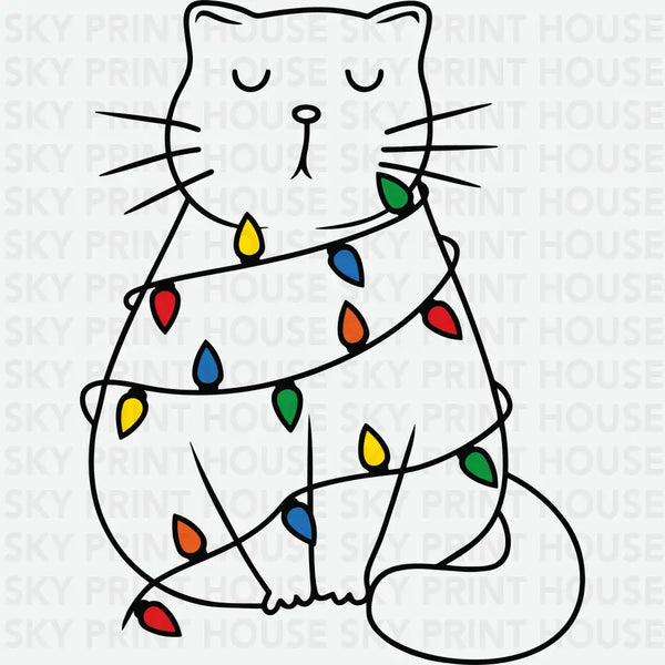Christmas Lights Cat- Christmas Ready to Press DTF Transfer