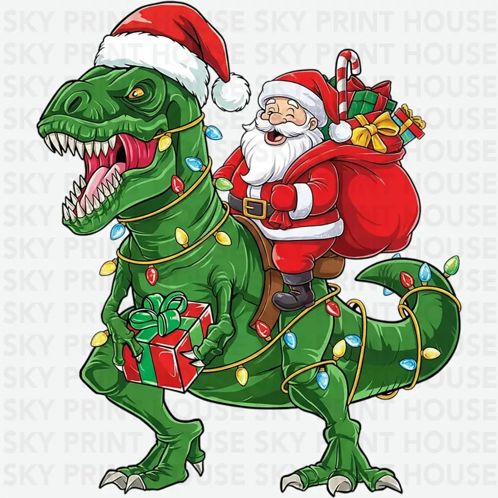 Christmas Santa Ridding T-rex Dinosaur - Christmas Ready to Press DTF Transfer