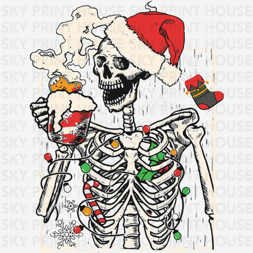 Christmas Skeleton With Smiling Skull Drinking Coffee Latte - Christmas Ready to Press DTF Transfer