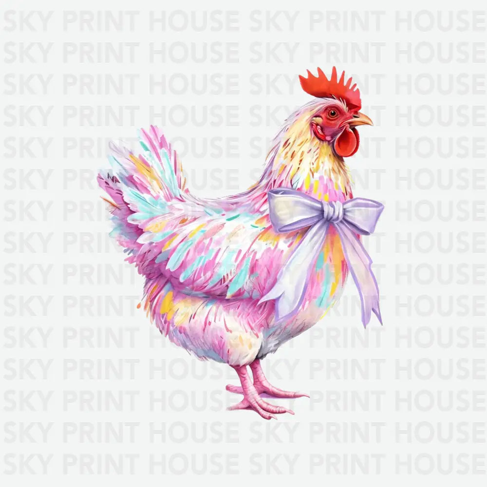 Colorful Rooster with Coquette Bow Animals Ready to Press DTF Transfer