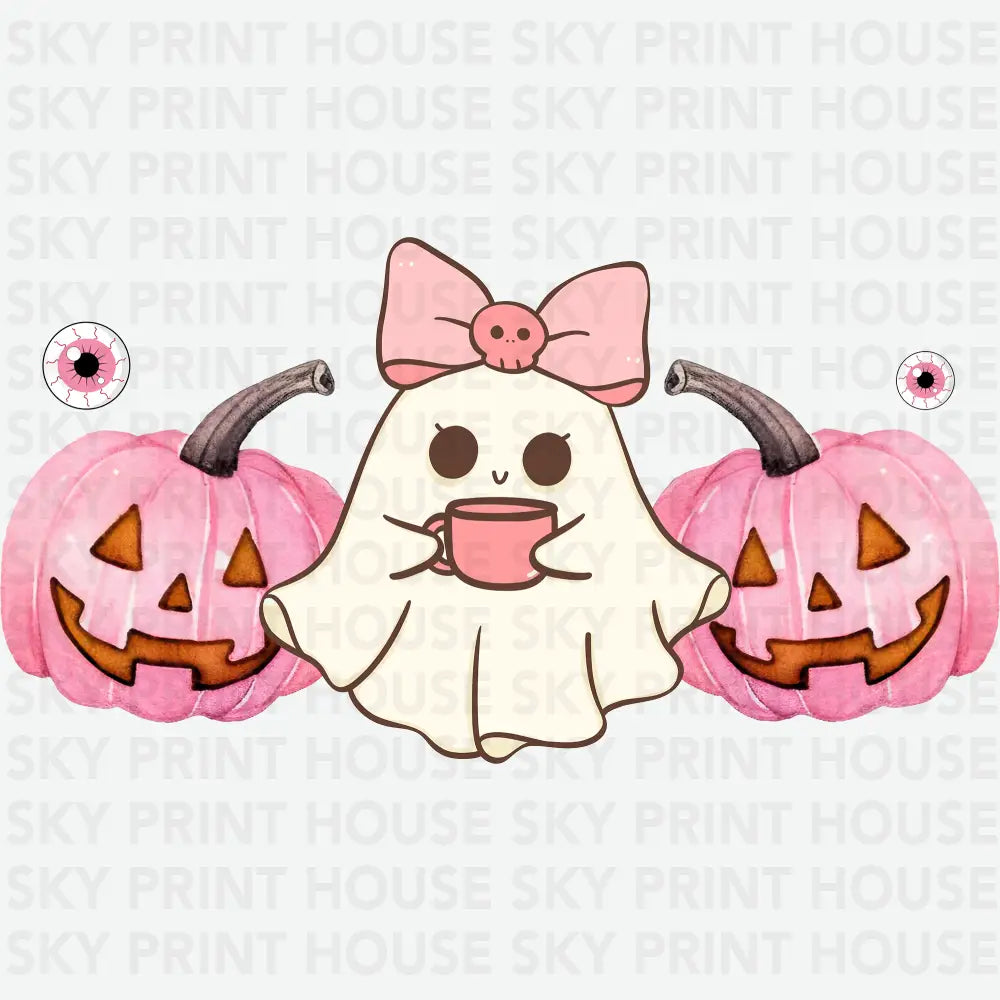 Cute Pink Halloween Ghost - Halloween Ready to Press DTF Transfer